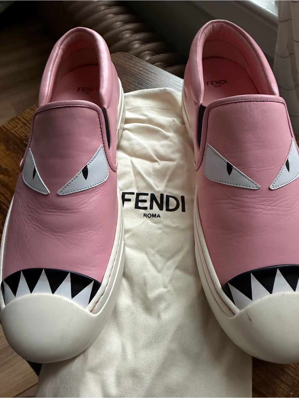 Fendi Pink Leather Monster Slip-On Sneakers
